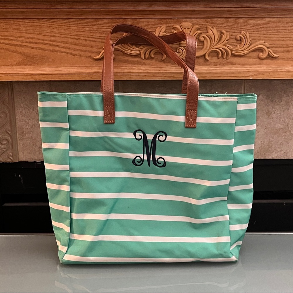 Mint Green Stripe Tote Bag or Beach Bag, embroidered "M" monogram, LIKE NEW